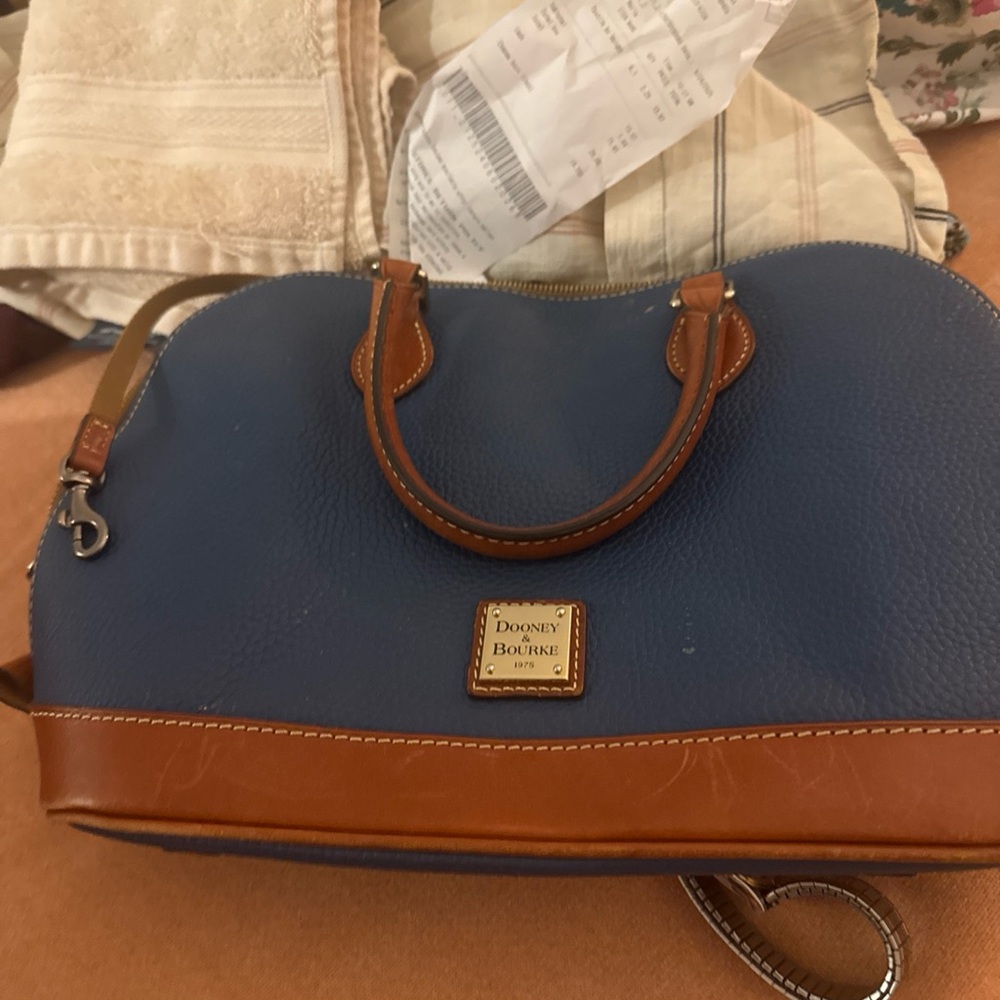 Dooney & Bourke Blue and Brown Satchel with Gold Logo
